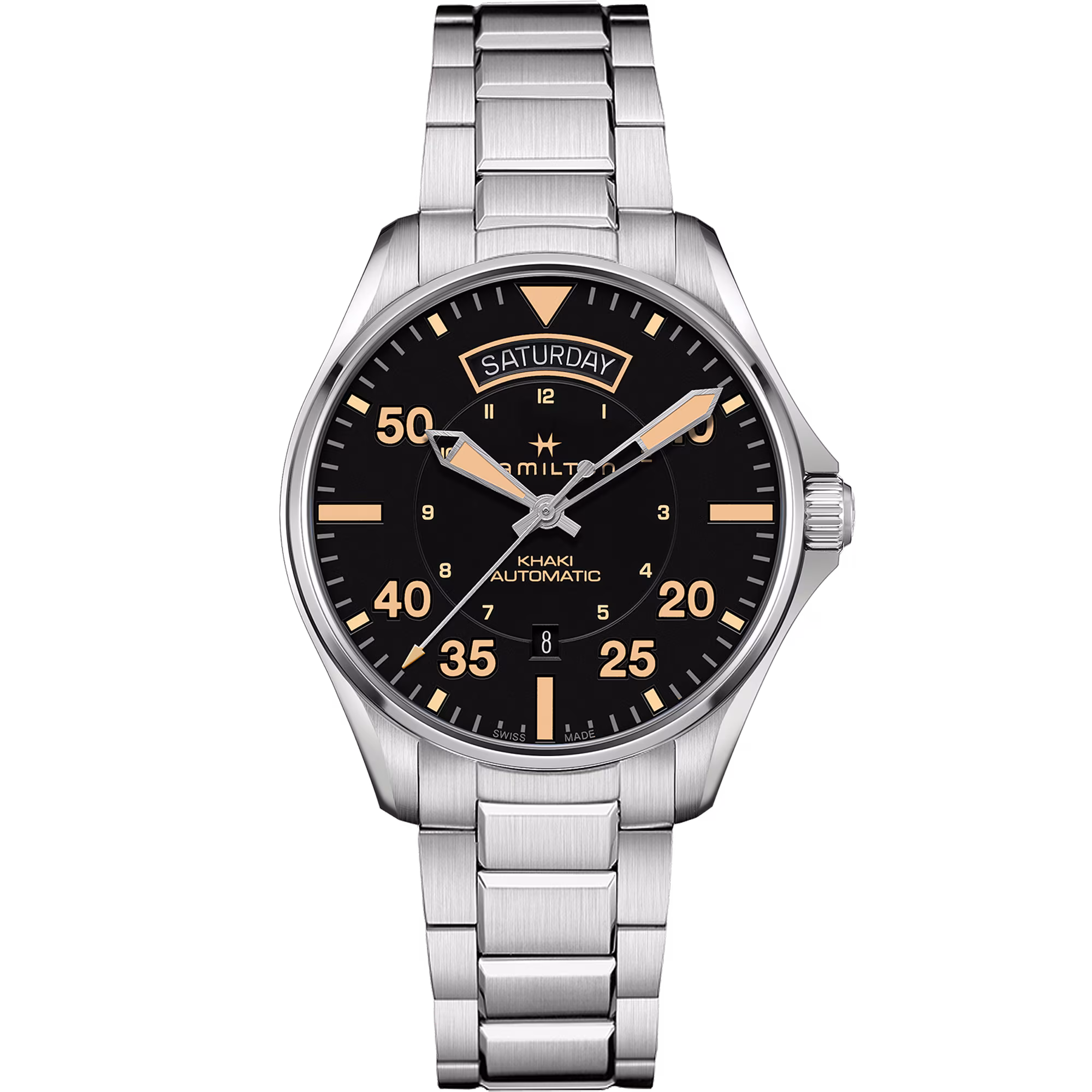 Hamilton Khaki Aviation Day Date Auto — alternative to Islander Islander Thunderbolt Pilot Watch with Black Mother of Pearl Dial #ISL-322