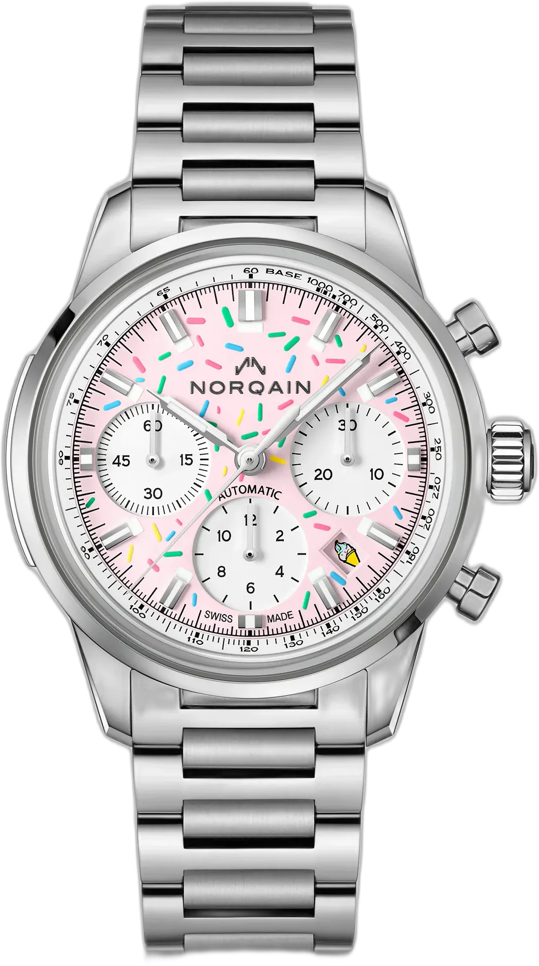 Norqain Freedom Chrono 40mm Enjoy Life Sprinkles Pink — alternative to Nivada Grenchen Chronomaster Manual